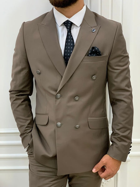 Zar Brown Slim Fit Peak Lapel Double Breasted Suit | BOJONI