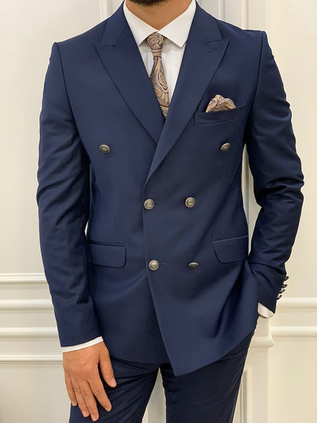 Zar Navy Blue Slim Fit Peak Lapel Double Breasted Suit | BOJONI