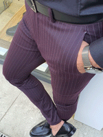 Load image into Gallery viewer, Oakland Burgundy Slim Fit Pinstripe Pants-baagr.myshopify.com-Pants-BOJONI
