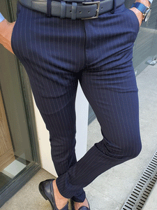 Oakland Navy Blue Slim Fit Pinstripe Pants BOJONI