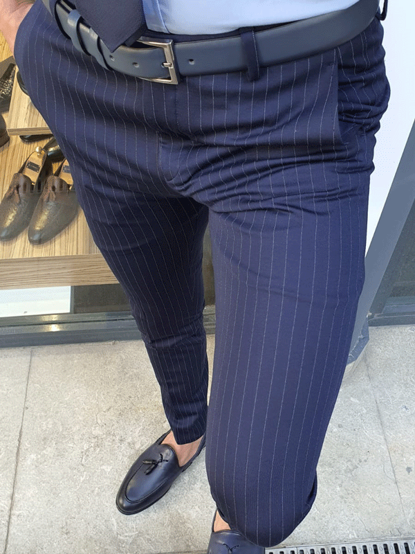 Oakland Navy Blue Slim Fit Pinstripe Pants BOJONI