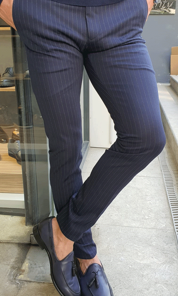 Oakland Navy Blue Slim Fit Pinstripe Pants-baagr.myshopify.com-Pants-BOJONI