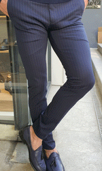 Load image into Gallery viewer, Oakland Navy Blue Slim Fit Pinstripe Pants-baagr.myshopify.com-Pants-BOJONI

