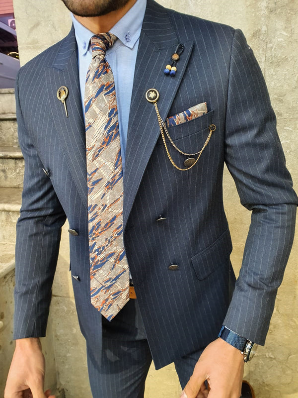 Bojoni Navy Blue Slim Fit Double Breasted Suit | BOJONI