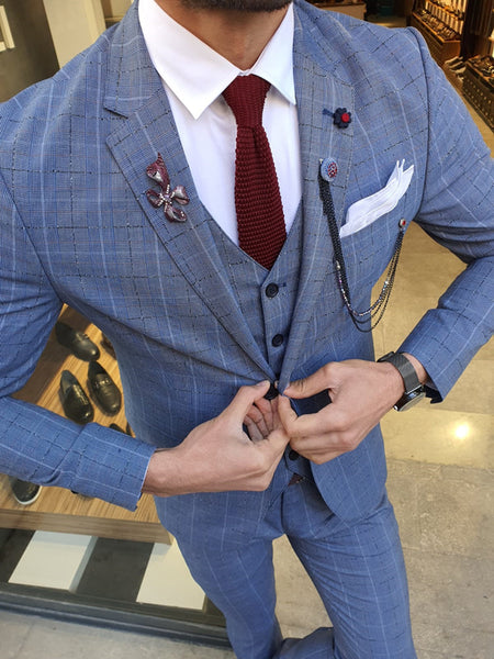 Grassano Blue Slim Fit Plaid Suit | BOJONI