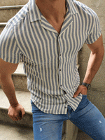 Load image into Gallery viewer, Racine Blue Slim Fit Striped Short Sleeve Shirt-baagr.myshopify.com-Shirt-BOJONI
