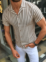 Load image into Gallery viewer, Racine Brown Slim Fit Striped Short Sleeve Shirt-baagr.myshopify.com-Shirt-BOJONI
