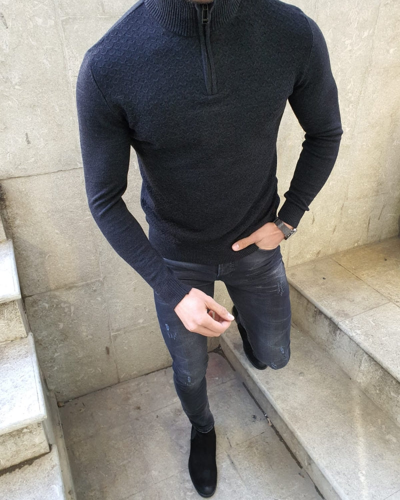 Natisk Black Slim Fit Zipper Mock Turtleneck Sweater freeshipping - BOJONI