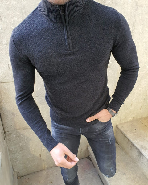 Natisk Black Slim Fit Zipper Mock Turtleneck Sweater | BOJONI
