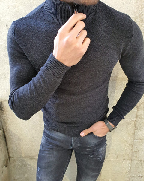Natisk Black Slim Fit Zipper Mock Turtleneck Sweater