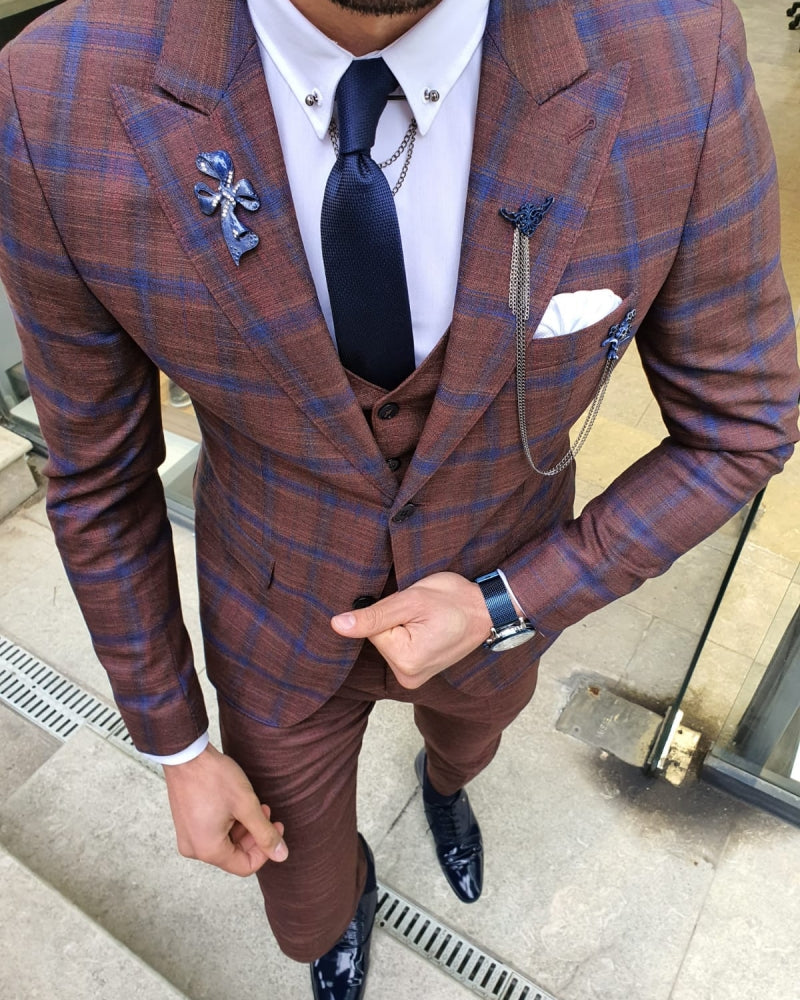 Lance Camel Slim Fit Plaid Patterned Suit | BOJONI