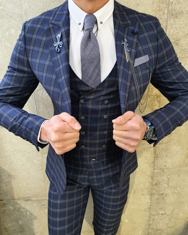 Bojoni Navy Blue Slim Fit Plaid Check Suit BOJONI