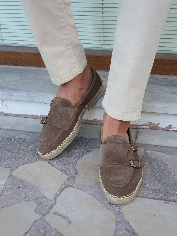 Kurni Beige Double Buckled Suede Leather Shoes | BOJONI