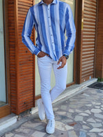 Load image into Gallery viewer, Areni Blue Slim Fit Long Sleeve Striped Linen Shirt-baagr.myshopify.com-Shirt-BOJONI
