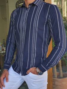 Bano Navy Blue Slim Fit Long Sleeve Striped Cotton Shirt-baagr.myshopify.com-Shirt-BOJONI