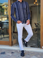 Load image into Gallery viewer, Bano Navy Blue Slim Fit Long Sleeve Striped Cotton Shirt-baagr.myshopify.com-Shirt-BOJONI
