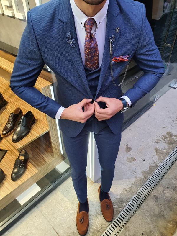 Bojoni Indigo Slim Fit Patterned Suit | BOJONI