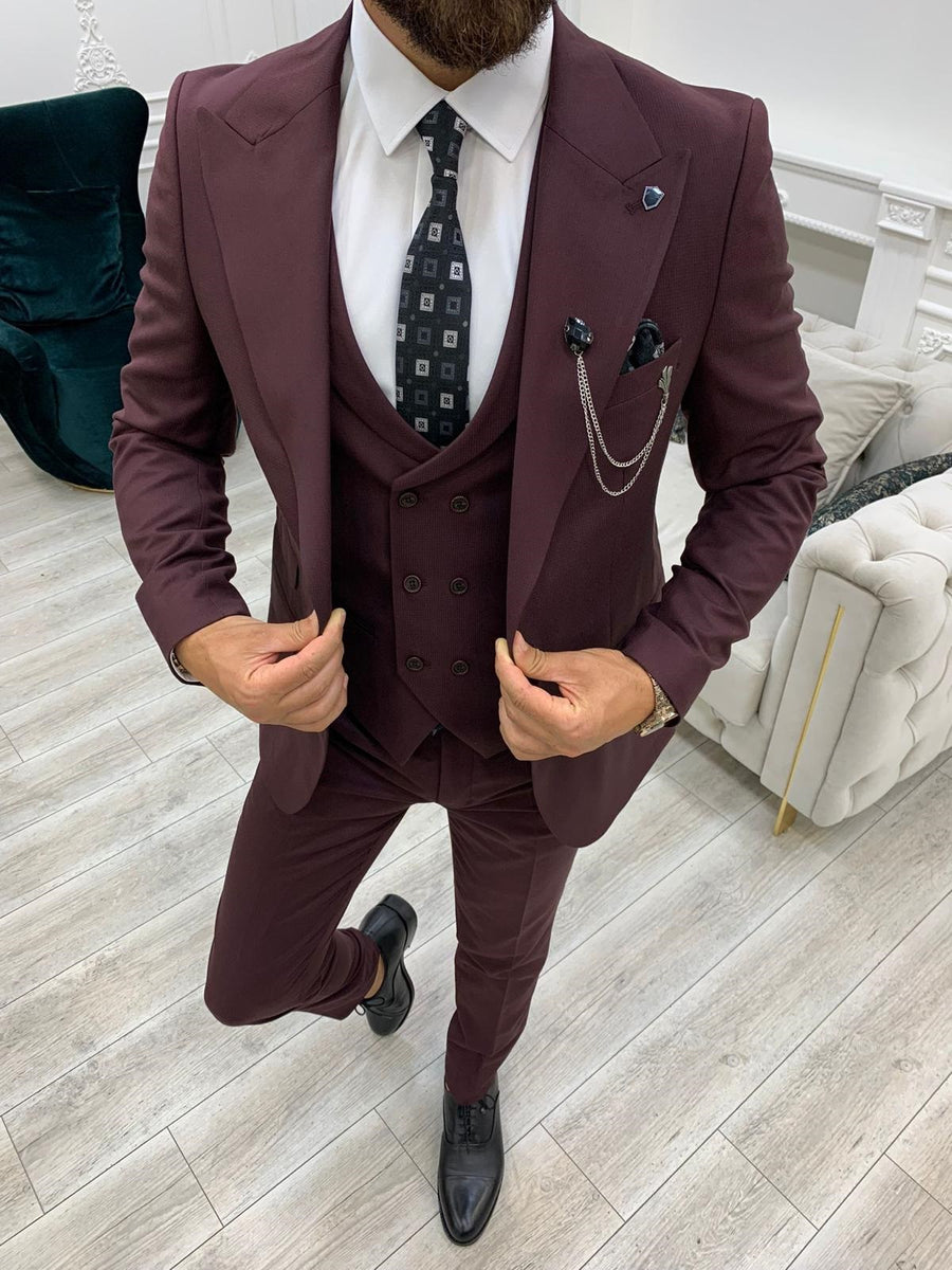 Verona Burgundy Slim Fit Peak Lapel Suit | BOJONI
