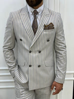 Load image into Gallery viewer, Varteni Beige Slim Fit Peak Lapel Double Breasted Striped Suit-baagr.myshopify.com-1-BOJONI
