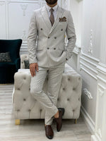 Load image into Gallery viewer, Varteni Beige Slim Fit Peak Lapel Double Breasted Striped Suit-baagr.myshopify.com-1-BOJONI
