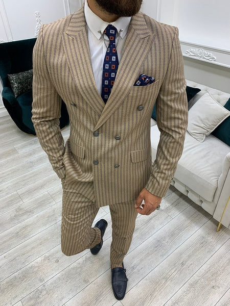 Varteni Brown Slim Fit Peak Lapel Double Breasted Striped Suit | BOJONI