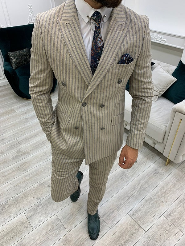Varteni Cream Slim Fit Peak Lapel Double Breasted Striped Suit-baagr.myshopify.com-1-BOJONI