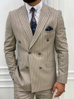 Load image into Gallery viewer, Varteni Cream Slim Fit Peak Lapel Double Breasted Striped Suit-baagr.myshopify.com-1-BOJONI
