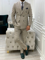Load image into Gallery viewer, Varteni Cream Slim Fit Peak Lapel Double Breasted Striped Suit-baagr.myshopify.com-1-BOJONI
