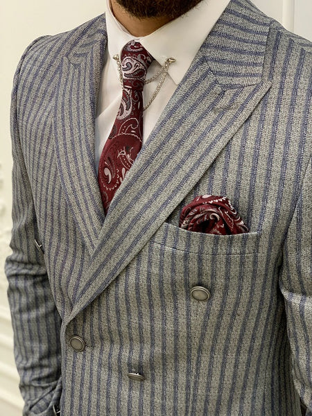 Varteni Navy Blue Slim Fit Peak Lapel Double Breasted Striped Suit | BOJONI