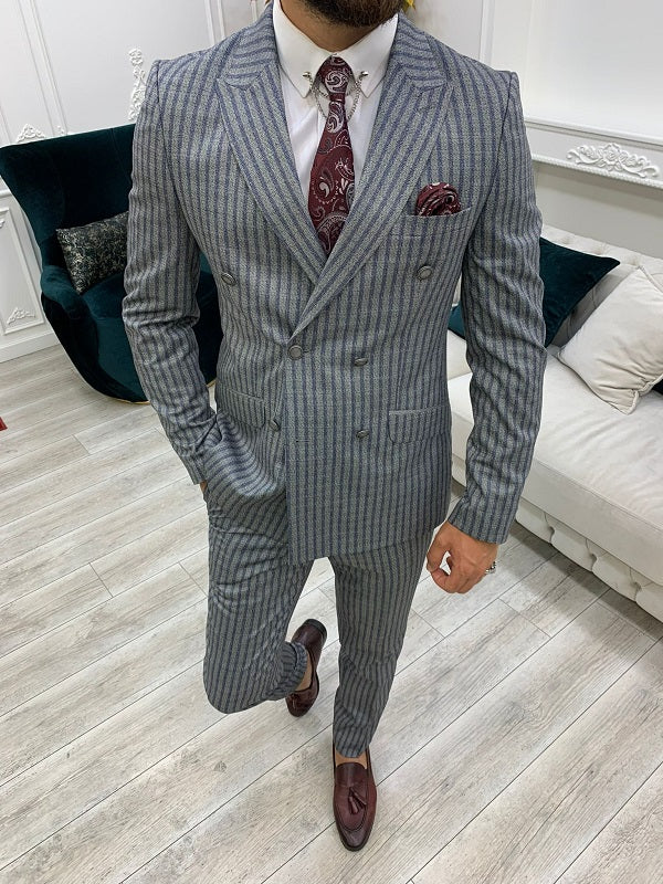 Varteni Navy Blue Slim Fit Peak Lapel Double Breasted Striped Suit-baagr.myshopify.com-1-BOJONI