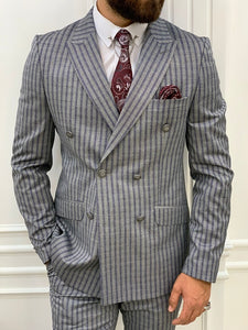 Varteni Navy Blue Slim Fit Peak Lapel Double Breasted Striped Suit | BOJONI