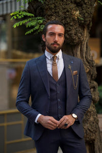 Bojoni Amato Slim Fit Striped Dark Blue Suit | BOJONI