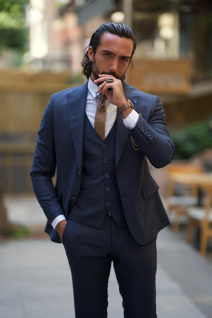 Bojoni Amato Slim Fit Striped Dark Blue Suit