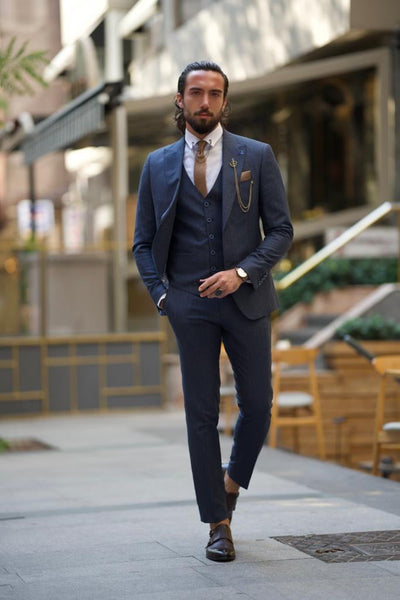 Bojoni Amato Slim Fit Striped Dark Blue Suit | BOJONI