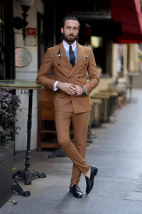 Bojoni Astoria Slim Fit Camel Double Breasted Suit