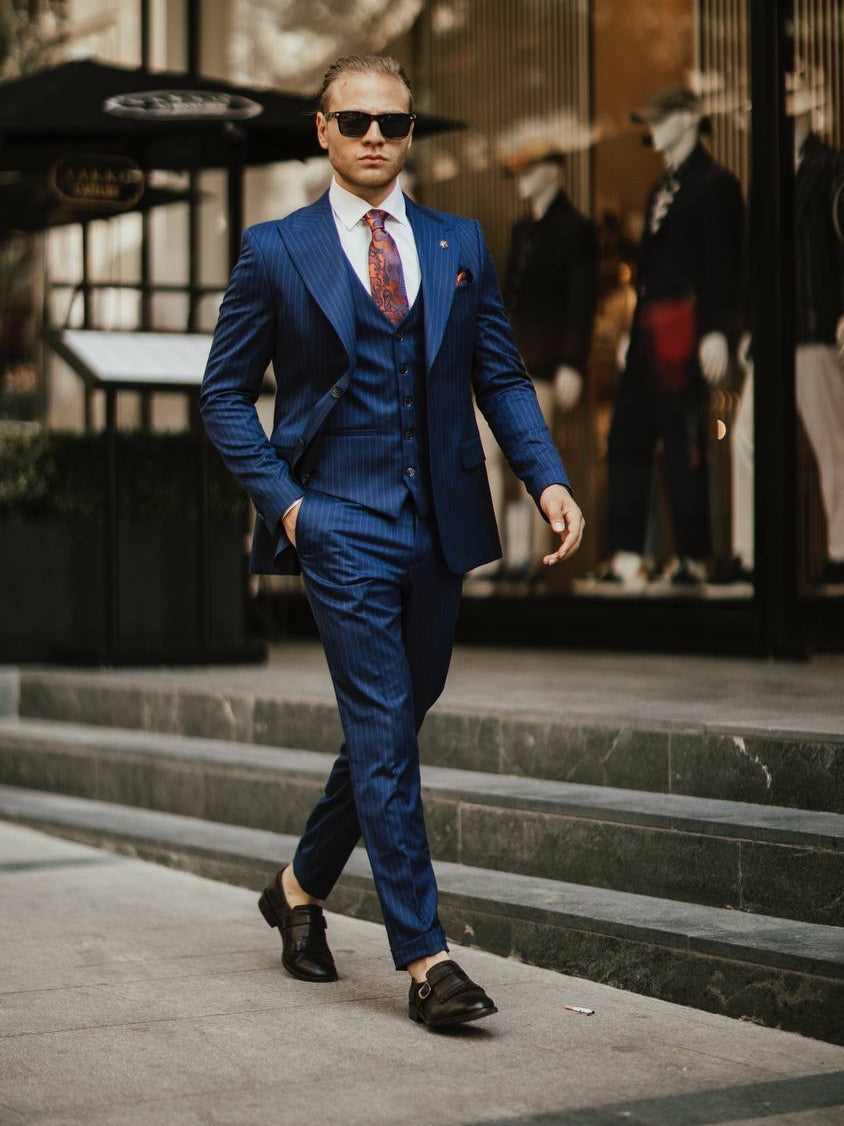 Bojoni Cagliari Navy Striped Slim-Fit Suit 3-Piece BOJONI