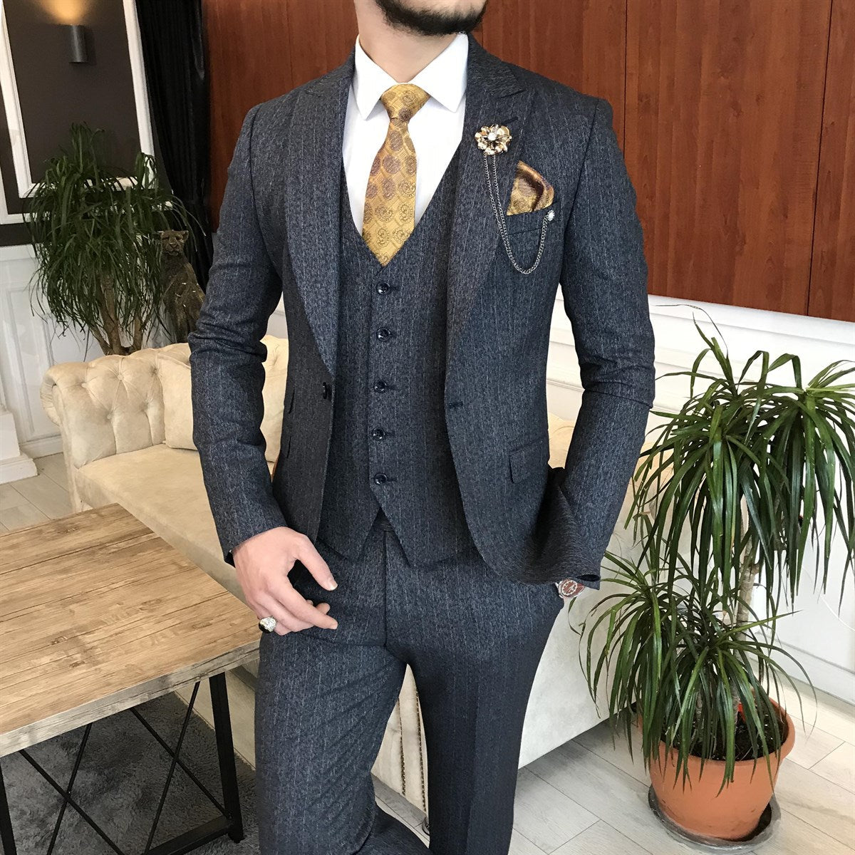 Bojoni Cagliari Navy Striped Slim-Fit Suit 3-Piece