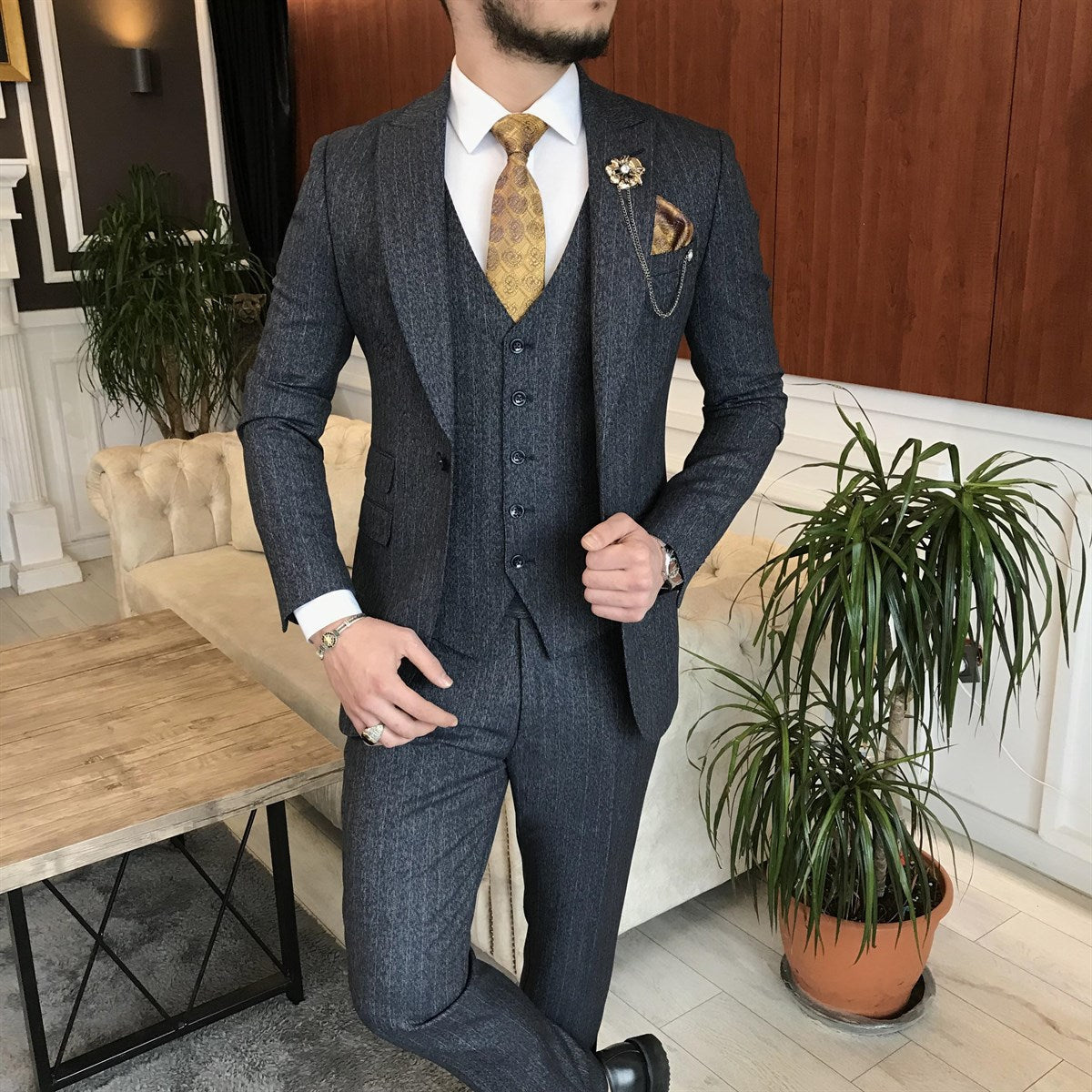 Bojoni Cagliari Navy Striped Slim-Fit Suit 3-Piece
