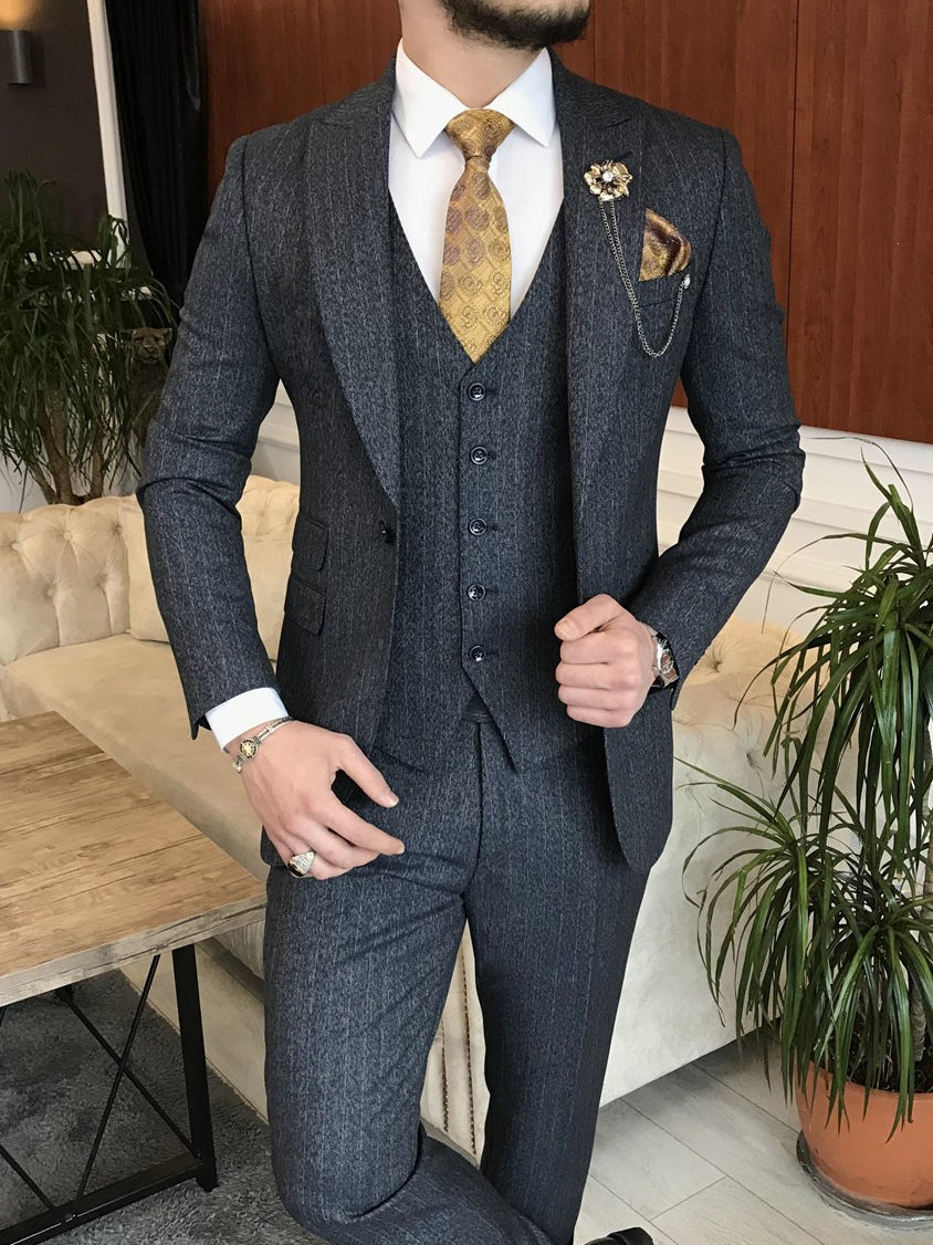 Bojoni Cagliari Navy Striped Slim-Fit Suit 3-Piece