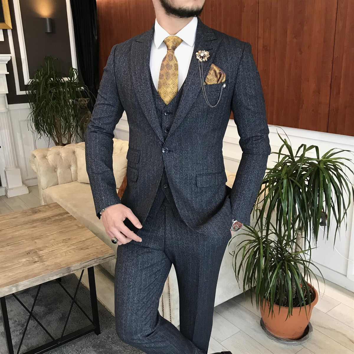 Bojoni Cagliari Navy Striped Slim-Fit Suit 3-Piece
