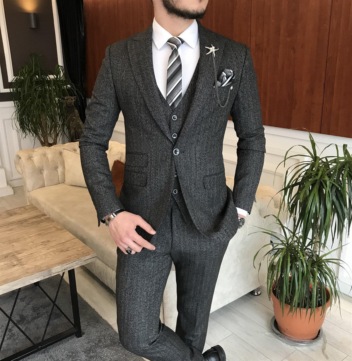 Bojoni Cagliari Black Striped Slim-Fit Suit 3-Piece