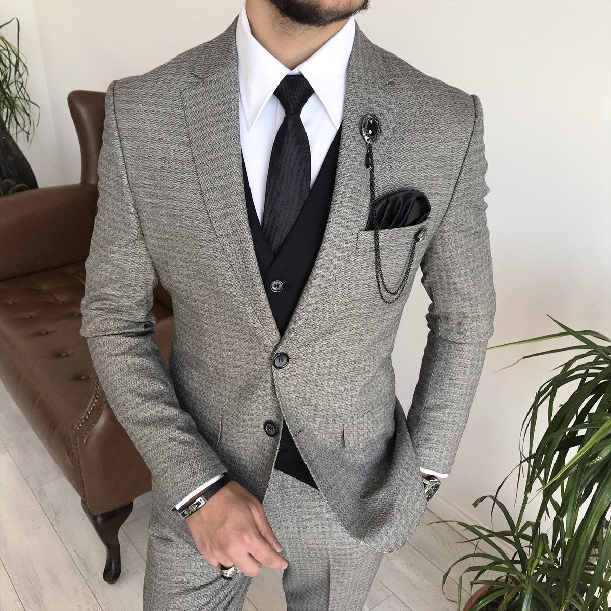 Bojoni Cagliari Grey Slim-Fit Suit 3-Piece | BOJONI