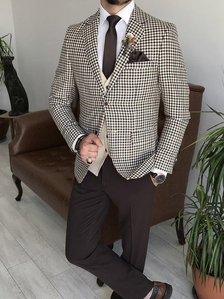 Bojoni Cagliari Beige Plaid Slim-Fit Suit 3-Piece | BOJONI
