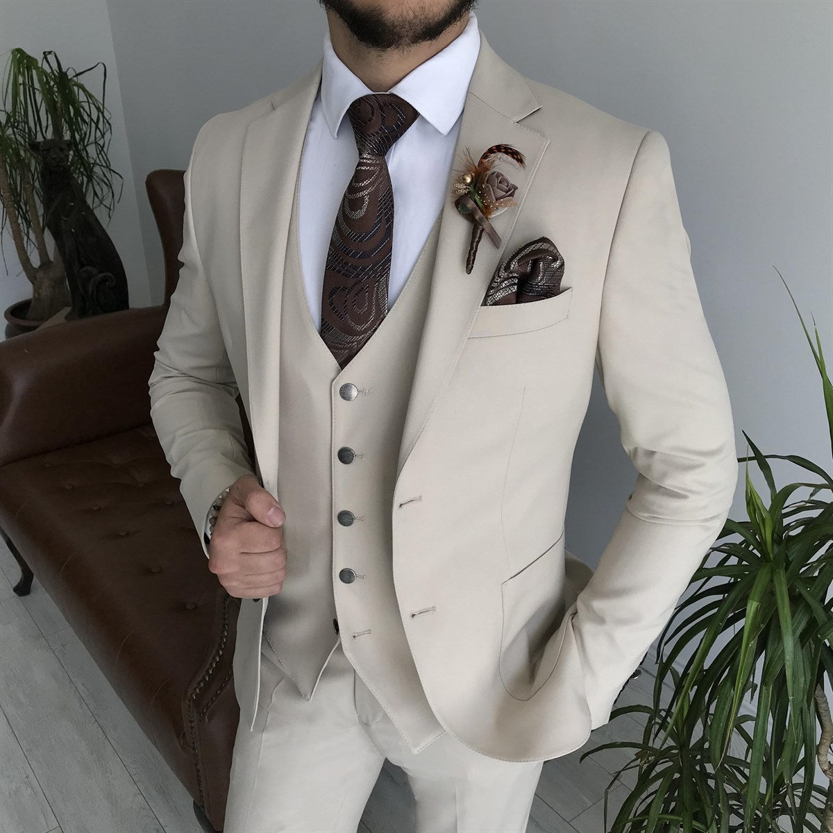 Bojoni Cagliari Beige Slim-Fit Suit 3-Piece