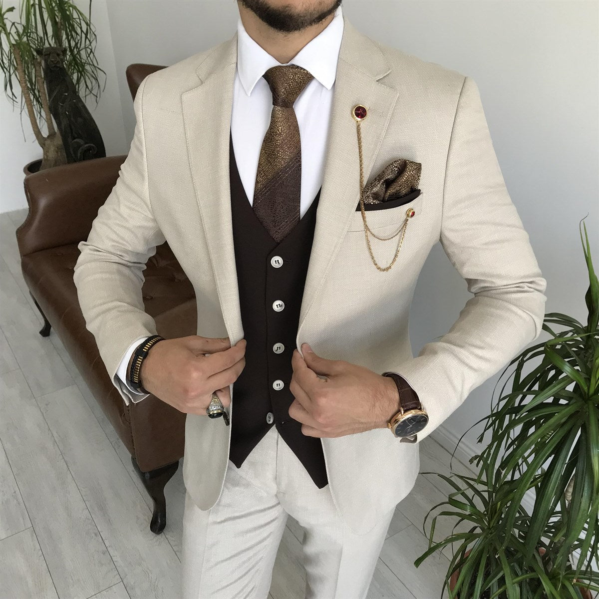 Bojoni Cagliari Beige Slim-Fit Suit 3-Piece | BOJONI