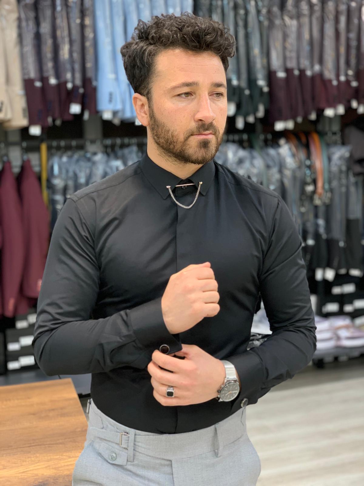 no collar dress shirt black No Collar Button Dress Shirts For Men