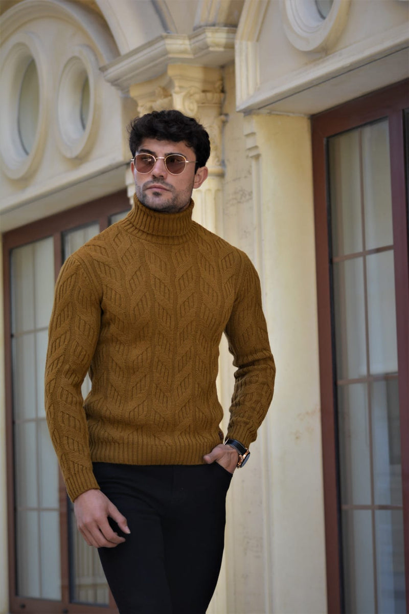 Vicenza Slim-fit Patterned Turtleneck wool Knitwear Camel | BOJONI