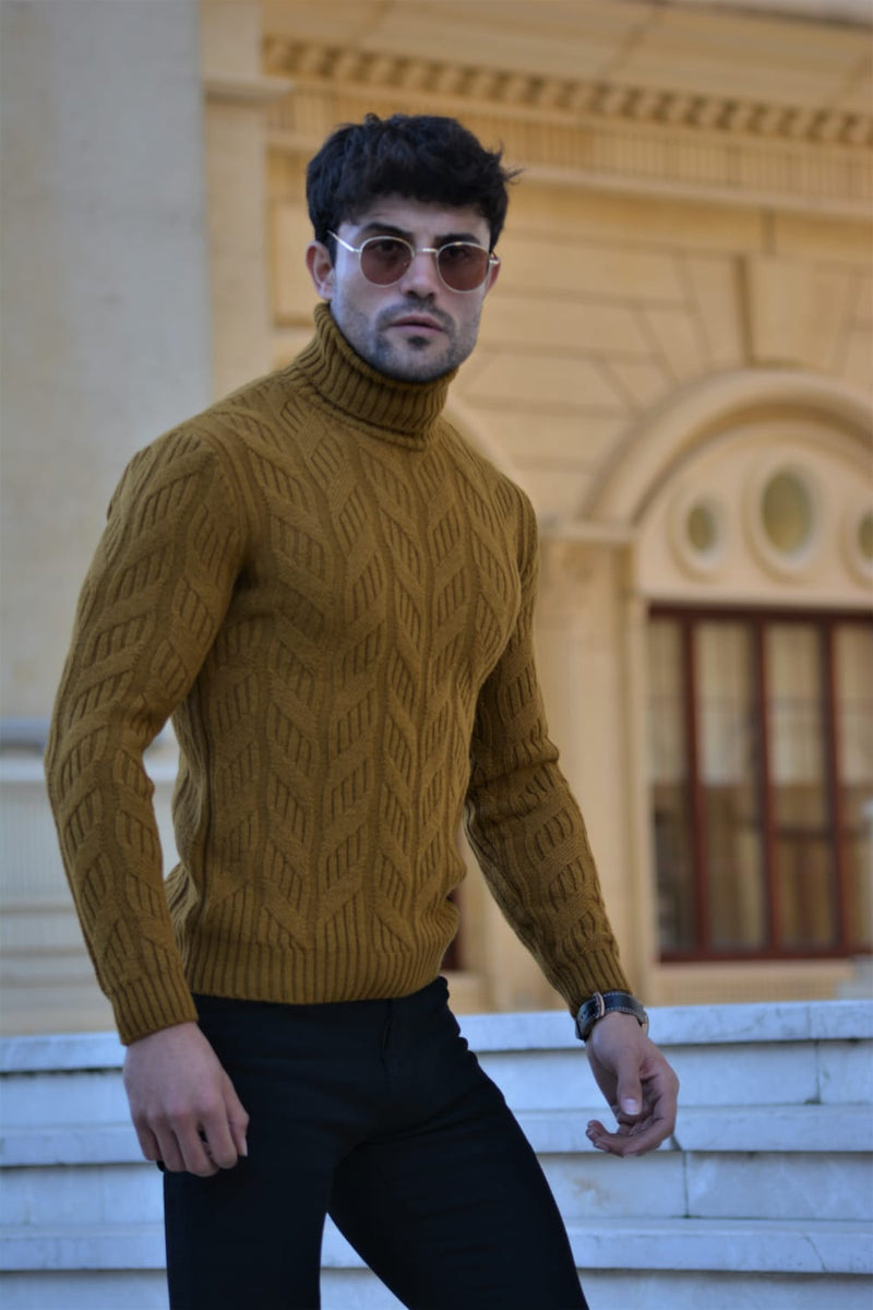 Vicenza Slim-fit Patterned Turtleneck wool Knitwear Camel | BOJONI