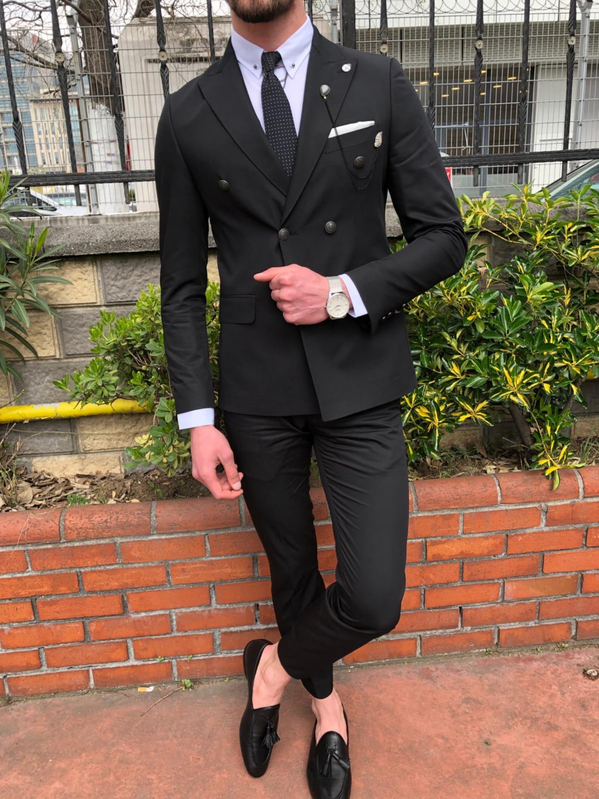 Black slim fit double breasted suit best sale