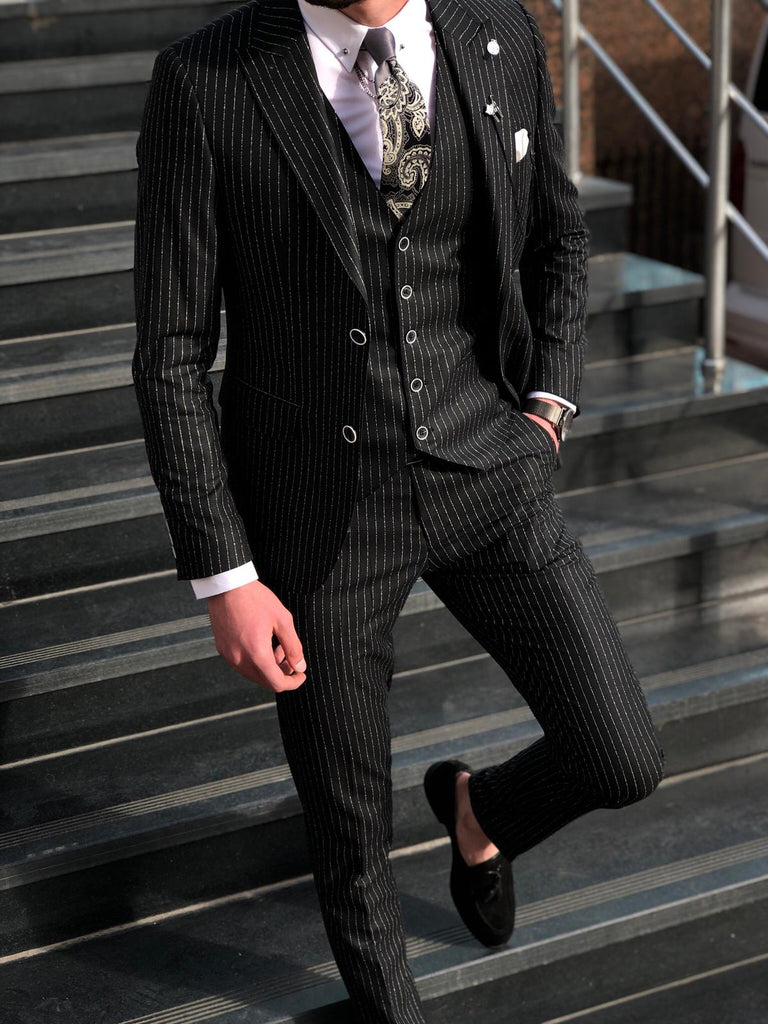 Deswesh Slim-Fit Striped Suit Vest Black | BOJONI